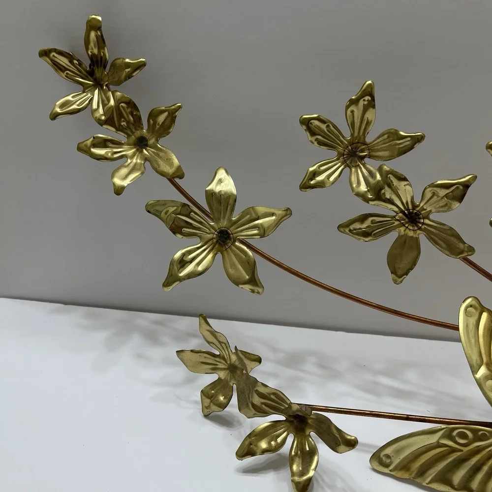 Vintage MCM Brass Wall Decor Butterflies Flowers Copper Toned Branches 25x9